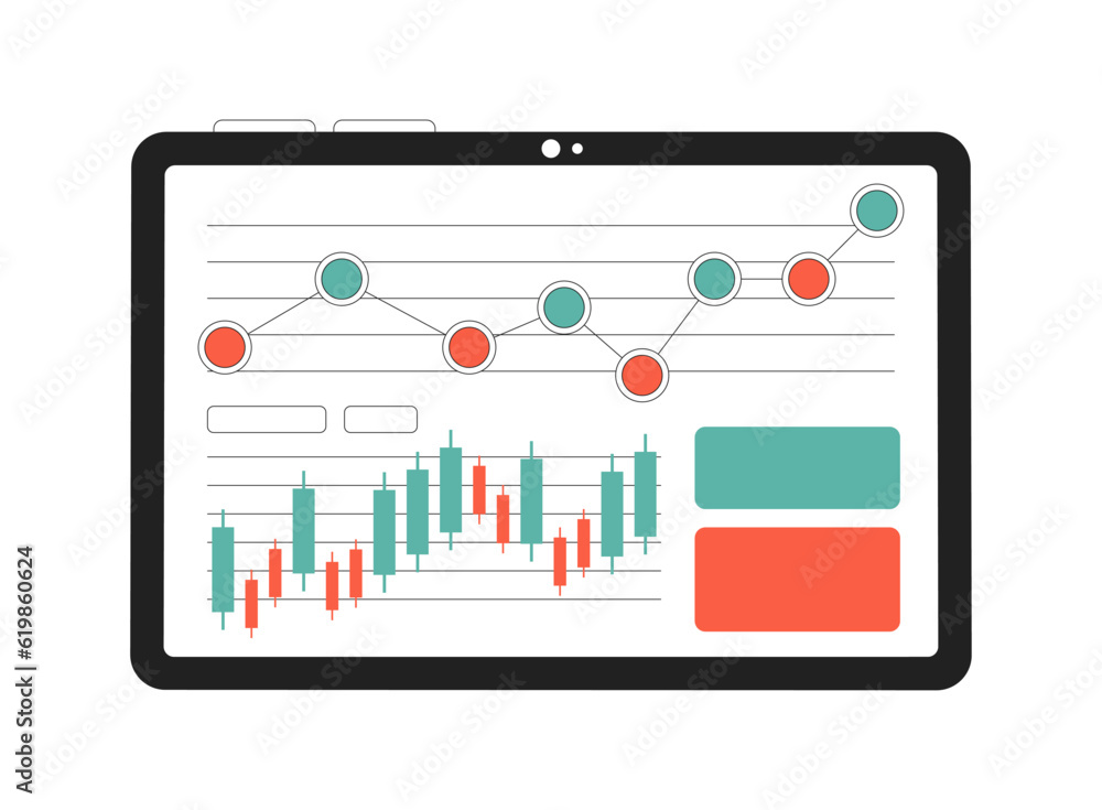 Poster tablet screen with diagram and charts monochrome flat vector object. editable black and white thin l