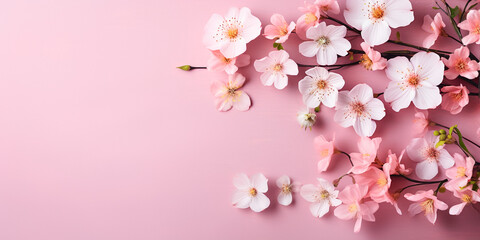 Fototapeta na wymiar Pink Flowers Border Background on Pink Background, sustainable eco natural compositions, serene mood, copy space, mock up, flat lay, playful still lifes, pastel academia, light pink.