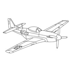 Fototapeta na wymiar P-51 Mustang Aircraft War World II Fighter Coloring Page. Vintage War Plane. Cartoon Airplane. Military Fighter-Bomber Vector Illustration