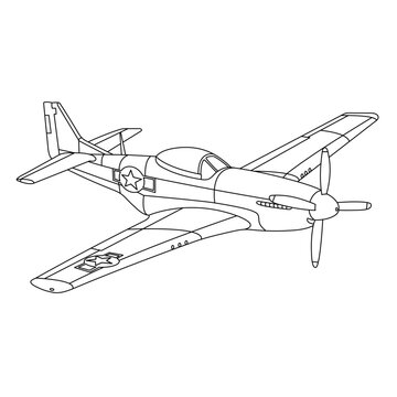 P-51 Mustang Aircraft War World II Fighter Coloring Page. Vintage War Plane. Cartoon Airplane. Military Fighter-Bomber Vector Illustration