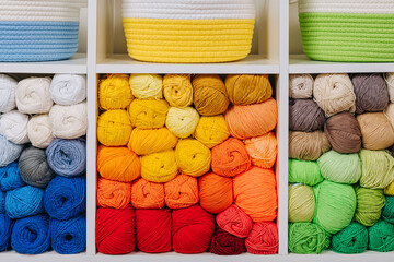 White shelving with colored balls of yarn for knitting. Bright yarn balls lined up on the shelves....