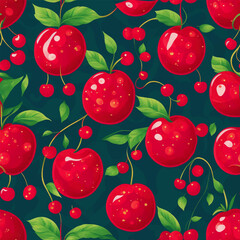 Watercolor Flower Seamless Pattern with Fresh Fruit and Green Leaf on Dark Background. Decorative Wallpaper llustration for Print, Textile, Banner, Poster or Greeting Card.