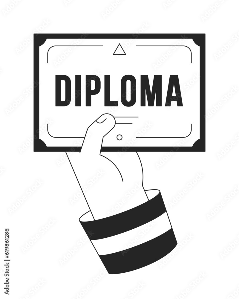 Poster hand holds diploma document flat line color isolated vector object. certificate from college. editab
