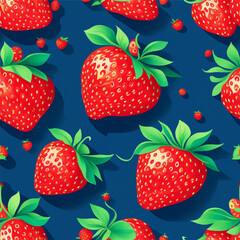 Repeated Seamless Pattern Design with Fresh Strawberry Fruit and Green Leaf on Dark Background. Decorative Wallpaper llustration for Print, Textile, Banner, Poster or Greeting Card.