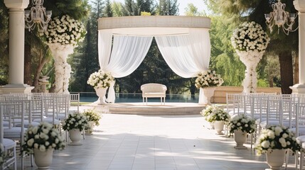 wedding gazebo in the garden, decor of the wedding ceremony in the park, in the garden, by the sea