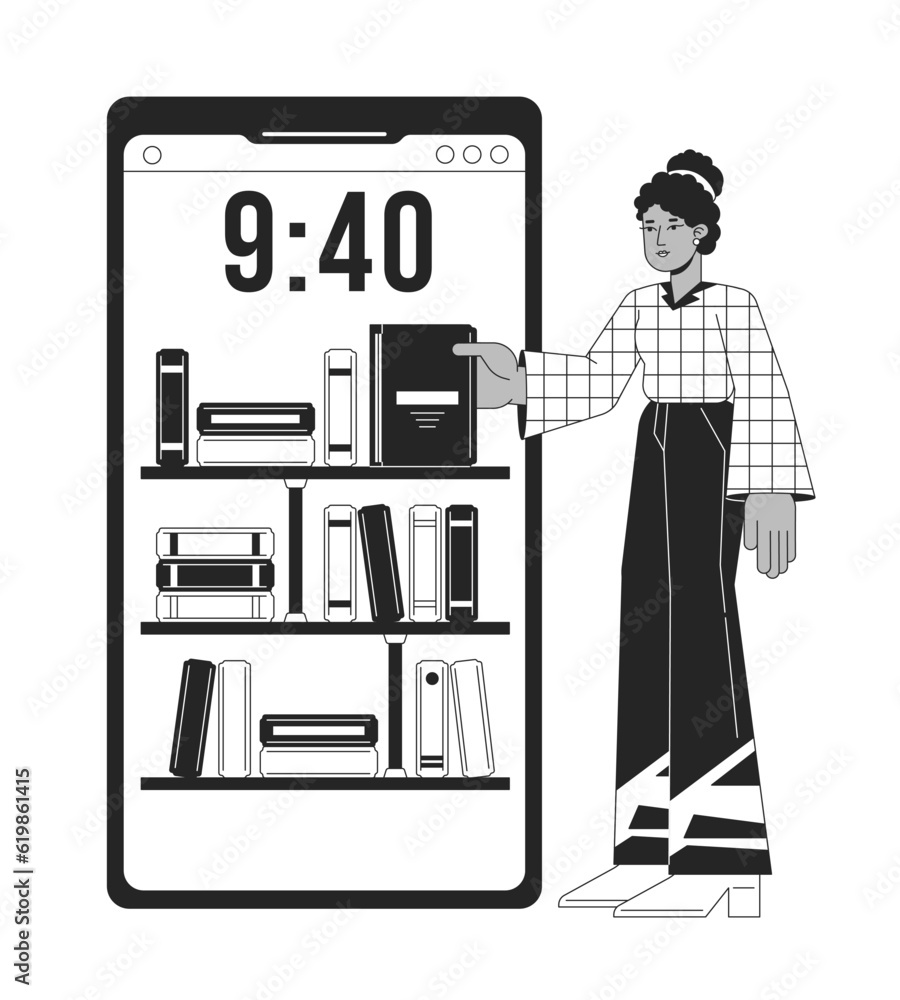 Aufkleber online library bw concept vector spot illustration. student takes book from shelf 2d cartoon flat li