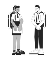 Teenagers in school uniform communicate flat line black white vector characters. Editable outline full body education characters on white. Students simple cartoon spot illustration for web graphic