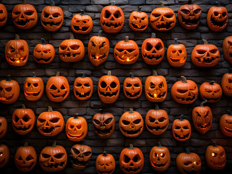 Creepy Halloween Jack-o-lantern Pumpkins Wall Pattern Backdrop.