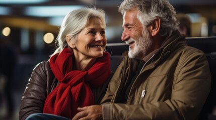 Romantic elderly couple waits for their train at the train station. Their smiles are a reflection of the affectionate bond they share after a lifetime of adventures together