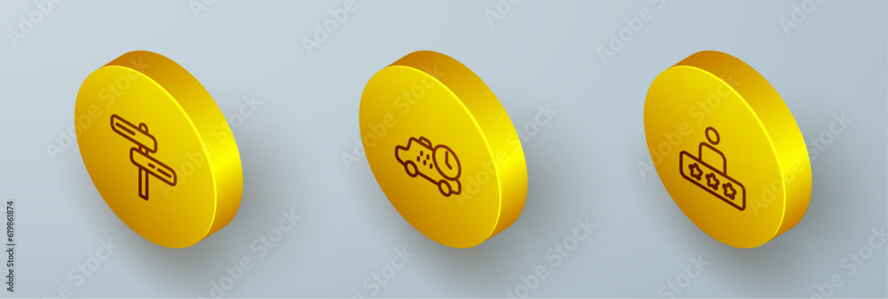 Poster set isometric line road traffic sign, taxi waiting time and service rating icon. vector