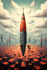 rocket in the sky, missile war,  pop surrealism - obrazy, fototapety, plakaty