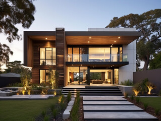 Obraz premium Modern two-story house with beautiful hard and soft landscaping. Built on a platform high from ground level and reached by steps.