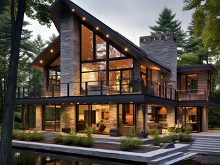Fototapeta premium Modern two-story house with beautiful hard and soft landscaping. Built on a platform high from ground level and reached by steps.
