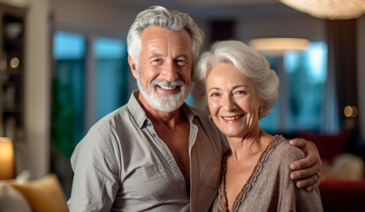 Happy senior couple on a kitchen looking to a camera. Portrait of smiling mature couple. AI Generative
