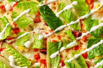 Lettuce leaves on pizza with mozzarella, chicken, tomatoes, red beans, cream cheese sauce