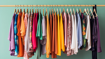 Diverse array of colorful, trendy clothes neatly arranged on a rack