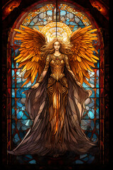 Vibrant stained glass window, fairy pattern, goddess, angel.