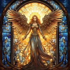 Papier peint adhésif Coloré Vibrant stained glass window, fairy pattern, goddess, angel