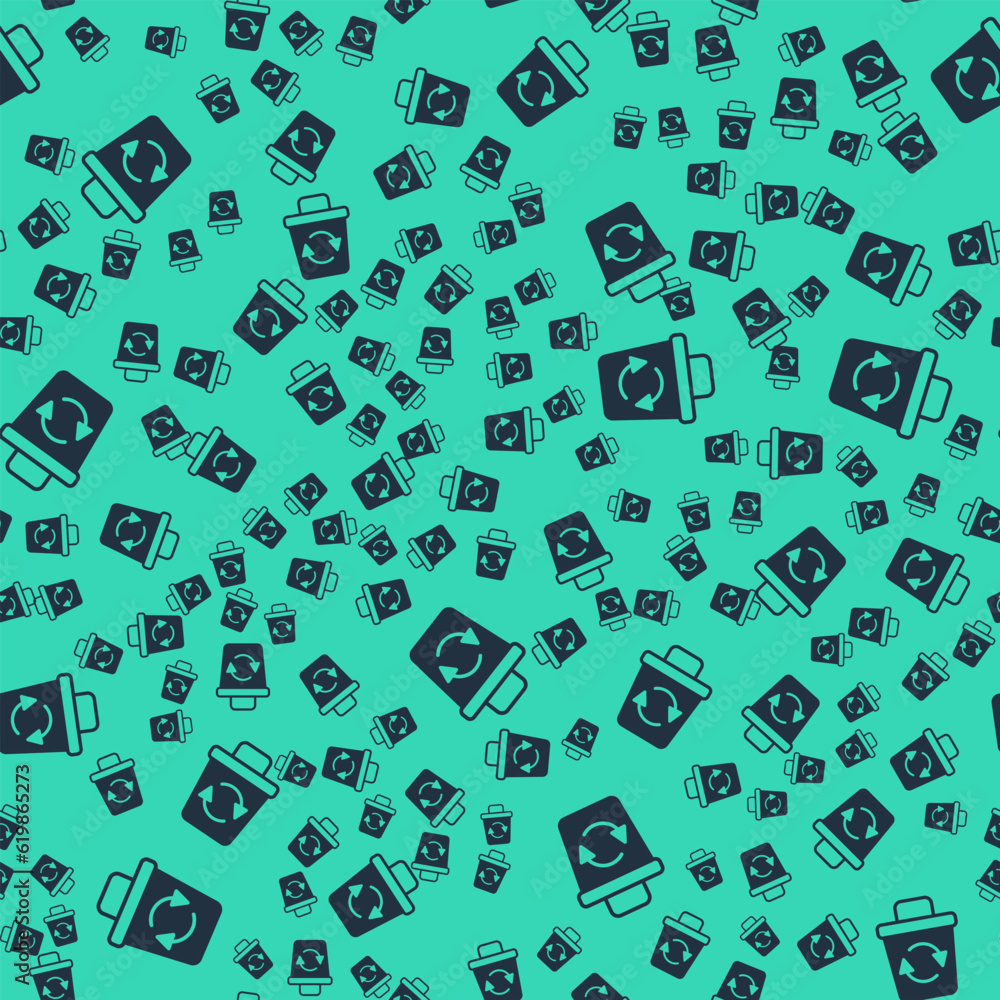 Poster black recycle bin with recycle symbol icon isolated seamless pattern on green background. trash can 