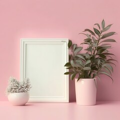 a blank photo frame in a table with plant with pink background. Generative ai.