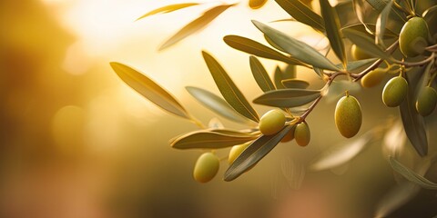 Obraz na płótnie Canvas Green Olive Branch on blur Nature Background with Copy Space