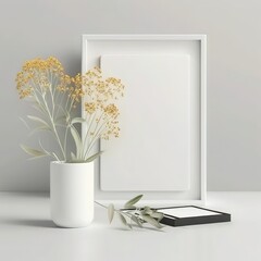 A blank photo frame in a table with plant with grey background. Generative ai.