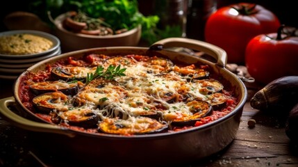 Melanzane alla Parmigiana served in a rustic white casserole dish with dimmed background