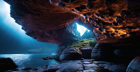 ゲームの世界に出てきそうな壮大な洞窟　海辺　岩場　海岸　ファンタジー　ロマン　ダイナミック - obrazy, fototapety, plakaty