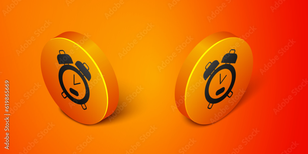 Poster isometric alarm clock icon isolated on orange background. wake up, get up concept. time sign. orange