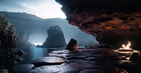 Fotobehang ゲームの世界に出てきそうな壮大な洞窟　海辺　岩場　海岸　ファンタジー　ロマン　ダイナミック © sunafe