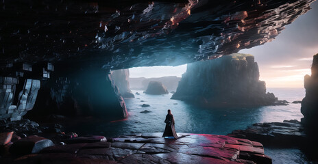 ゲームの世界に出てきそうな壮大な洞窟　海辺　岩場　海岸　ファンタジー　ロマン　ダイナミック - obrazy, fototapety, plakaty