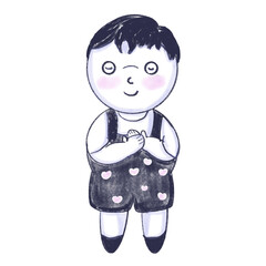 Blue boy feels warm heart, character illustration, PNG.