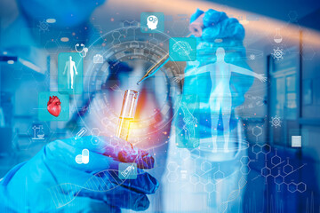Genetic Research and Biotech Science Human biology and pharmaceutical technology on laboratory background in the laboratory.