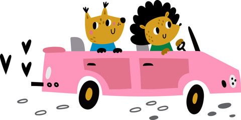 Lovely animal couple traveling in car. Cute kid print