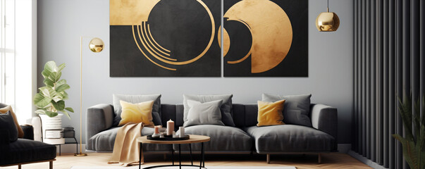 Modern living room interior design with black and gold pattern. 3d rendering