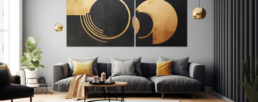 Modern Living Room Interior Design With Black And Gold Pattern. 3d Rendering