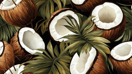 beautiful seamless watercolor pattren of coconut fruit, tropical fruit - obrazy, fototapety, plakaty