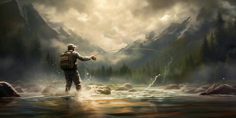 Fly fisherman on the river in the wilderness. Generative AI illustration