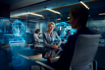 Generative ai business woman standing in front of big technological hologram screen