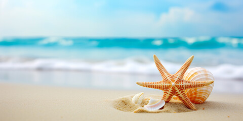 Conch, starfish on the beach background - Powered by Adobe