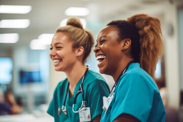 Candid shot of two nurses laughing and talking in a hospital, showcasing positivity and collegiality. Generative AI - obrazy, fototapety, plakaty