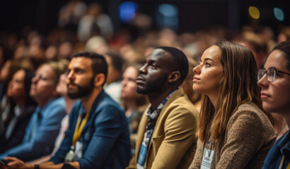 Obraz premium Diverse engaged conference attendees attentively listening to captivating speaker. Generative AI
