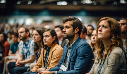 Fototapeta premium Diverse engaged conference attendees attentively listening to captivating speaker. Generative AI