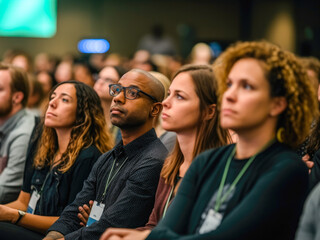 Diverse engaged conference attendees attentively listening to captivating speaker. Generative AI