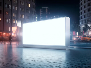 Blank white billboard background at night city street, mockup. Generative AI