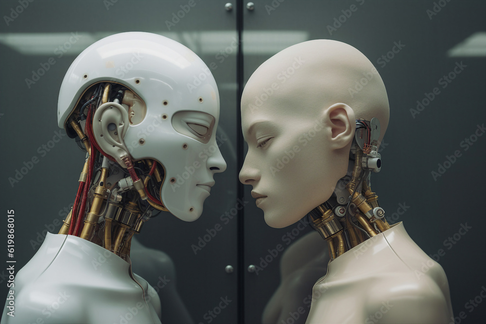 Aufkleber two humanoid robots with open wires mechanism on their bodies neck head have human real feelings gen