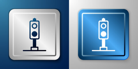 White Train traffic light icon isolated on blue and grey background. Traffic lights for the railway to regulate the movement of trains. Silver and blue square button. Vector