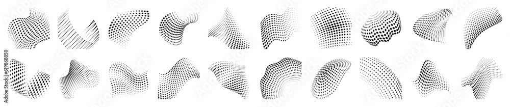 Aufkleber set of dotted abstract forms. distressed overlay texture.