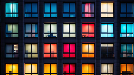 Obraz premium Building facade with the windows lighted in different colors