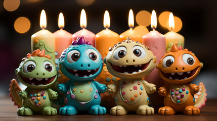 Kid birthday cake with candles with dinosaurs concept and colorful background